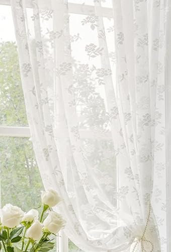Beydodo Gardinen mit Ösen 2er Set, Vorhänge Weiß Lichtdurchlässig 137x183CM Spitze Blumen Motiv Französisch Gardinenschals Polyester Halbtransparent für Wohnzimmer Schlafzimmer Küche