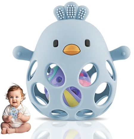 DOUUCO Anneau de Dentition pour bébé, en Silicone pour Jouet de Dentition, Jouet sans BPA, Aide à Apaiser les Gencives, jeux eveil bebe, Montessori bebe eveil 0-6 mois, pour Filles Garçons, Bleu