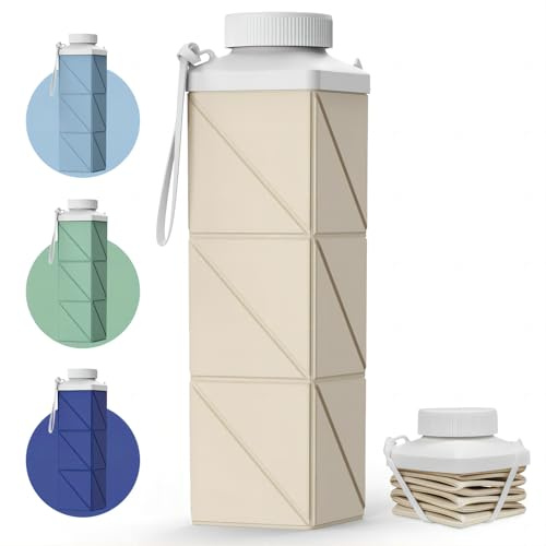 Mefold POMKAKA Faltbare Wasserflaschen 720 ml, auslaufsichere BPA-freie Reise-Wasserflasche, leichte wiederverwendbare Wasserflasche für Radfahren, Fitnessstudio, Camping und Sport, Champagnerweiß