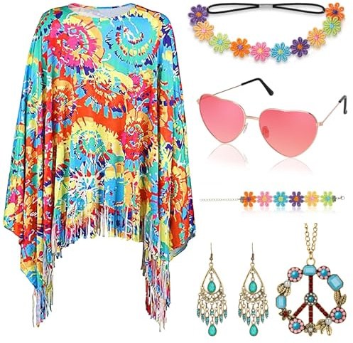 Alintor Hippie Kostüm Damen, 70er Jahre Outfit Damen, Flower Power Kleidung, Schlagermove Outfit, Faschingskostüme, Karneval