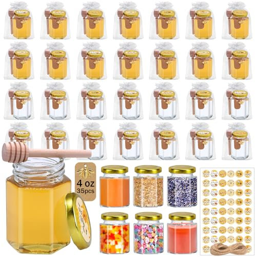 Aliggbent 35 Pack Small Honey Jars for Party Favors in Bulk, 4 oz Mini Hexagon Glass Empty Honey Jars with Dippers, Lids, Cute Stickers, Bee Charms, Bags & Jute for Baby Showers, Weddings, Birthdays