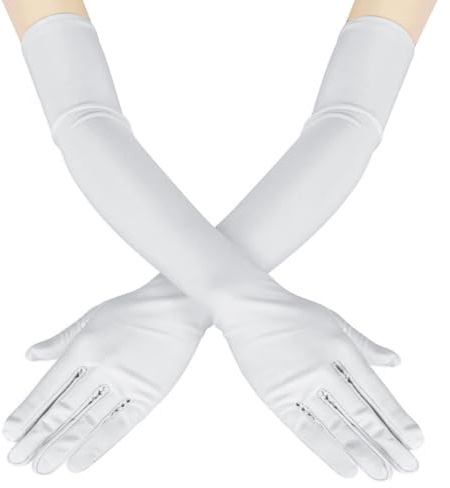 Meleager Weiße Handschuhe Lang, 1 Paar Lange Handschuhe Damen, Satin Long Gloves, Classic Abendhandschuhe 20er Jahre Elegant Damen für Halloween Karneval Fasching Fest Party Kostüm