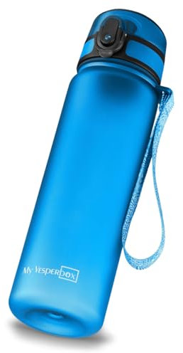 My Vesperbox Trinkflasche Minny, 500 ml, auslaufsicher, kohlensäuregeeignet, robust, inkl. Reinigungsbürste, Fruchtsieb, Strohhalm, Trageschlaufe, spülmaschinenfest, BPA-frei (blau ohne Namen)