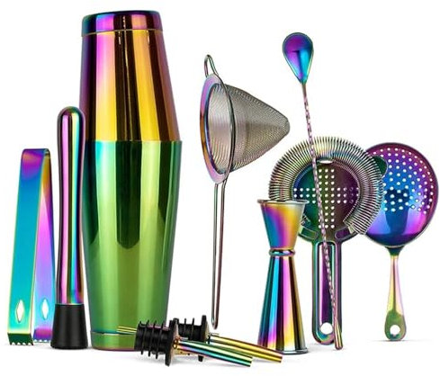 CHFYIJYHM Cocktail Strainer Set,Jigger,Muddler and Spoon, Ice Tong and 2 Pourer,Professional Cocktail Making Set for Cocktail Lover(Antique Brass)
