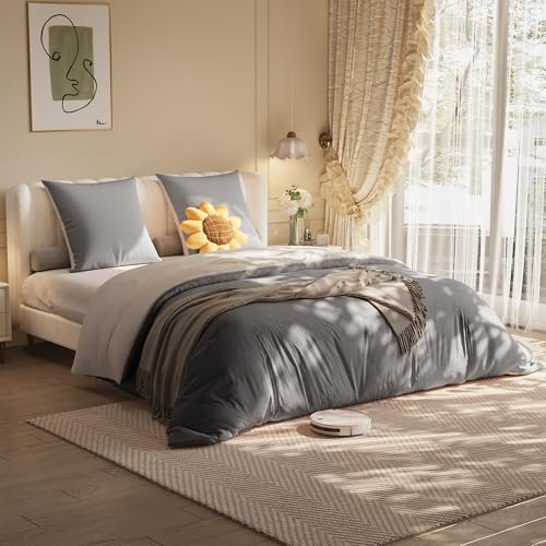 TEOSTWF Juego de cama doble 4 piezas 160x200 cm, funda nórdica microfibra suave poliéster, sábana bajera ajustable, fundas almohada, completo (gris)