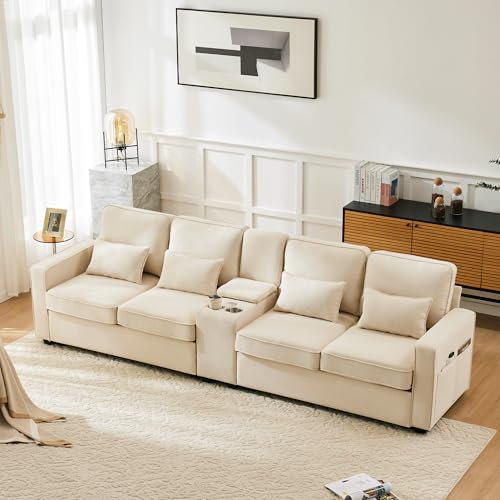 YESGIGA Modernes 4-Sitzer-Sofa aus Leinenstoff, Viersitzer-Sofa mit Armlehnentaschen und 4 Kissen, Sofa im einfachen Stil, geeignet für Wohnzimmer, Wohnung, Büro (Beige mit Konsole)