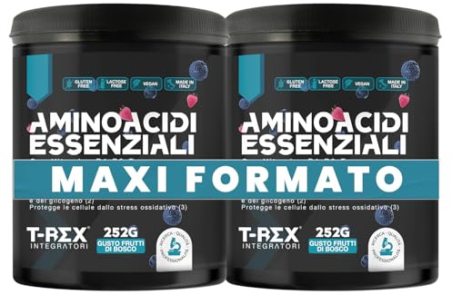 EAA Aminoacidi Essenziali con mix di vitamine B1, B6 ed E - Integratore di amminoacidi naturali vegan ottenuti da fermentazione T-Rex Integratori (Polvere, Frutti di Bosco)