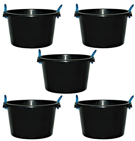 [Set Of 5] Heavy Duty 45 Litre Black Bucket with Rope Handle Strong Plastic Storage Bucket Cement Mixing Muck Water Tub Construction for Indoor and Outdoor