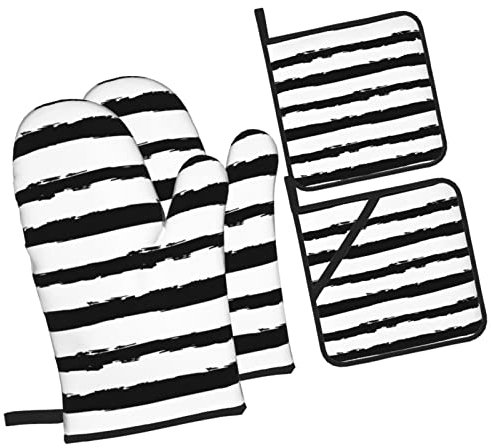 4 Pezzi Forno E Presine Guanti Black And Striped Guanti Per Forno Da Cucina Divertenti Resistenti Guanti Termoisolanti Per Grigliare, Cottura Al Forno, Cottura Al Forno
