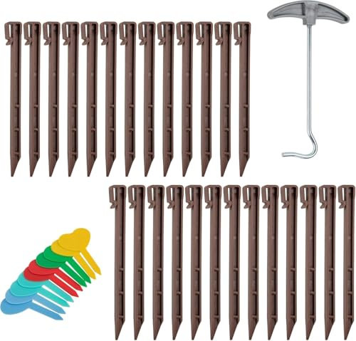 IRSTBL – 26-Pack Landscape Edging Stakes – Durable Brown Plastic Garden Pegs with Remover Tool & 10 Plant Labels – Weather-Resistant Ground Anchors