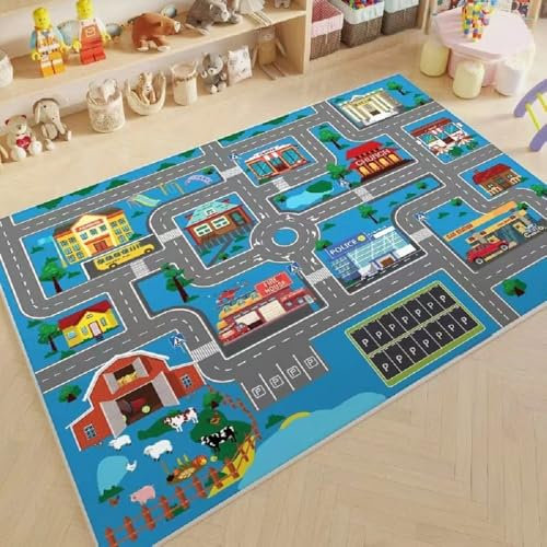 YATOLA Teppich Straße Kurzflor Kinder Straßenteppich klein Kinderteppich Waschbar Mädchen, Junge oder Jugendzimmer Teppich Klein für Schlafzimmer Sofa Deko Bettvorleger Spielteppich (Blau, 120x160cm)