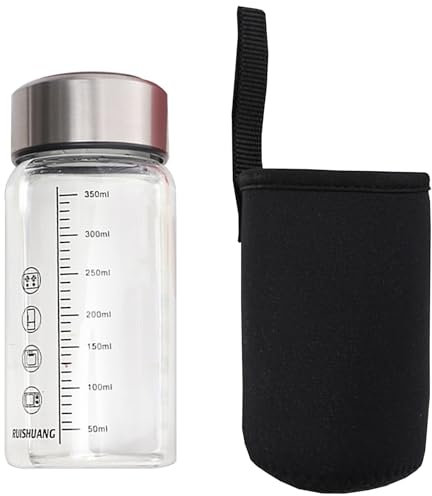 Botella de agua de vidrio de 350 ml con marcado de medición, portátil, apta para microondas para bebidas calientes