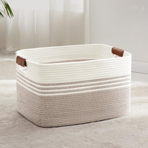 Grande cesto per biancheria intrecciato in corda di cotone, 72L, con manici in cuoio, per coperte, vestiti, giocattoli, per lavanderia, camera bambini o soggiorno, 55x43x30 cm, bianco e marrone