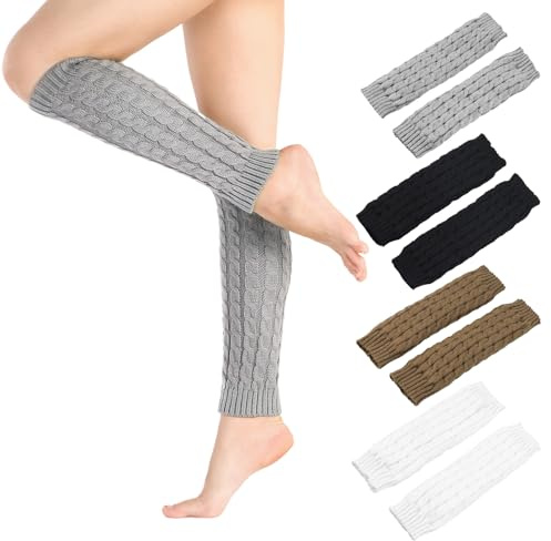 4 Pairs Ankle Leg Warmer, Winter Knit Crochet Women's Leg Warmer for Winter, Knee High Leg Warmers for Women Girls, 80s Y2k Ribbed Knit Legwarmers for Party Accessories(Black + White + Grey + Khaki)