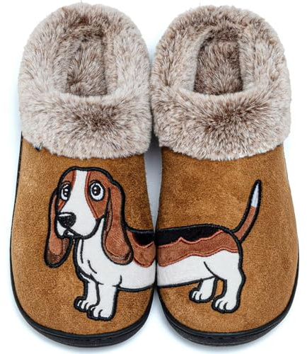 GURGER Zapatillas de Estar por Casa Hombre Mujer Invierno con Forro de Peluche Diseño Bordado de Perro Animales Pantuflas Antideslizantes Cómodas, Marrón 50 51