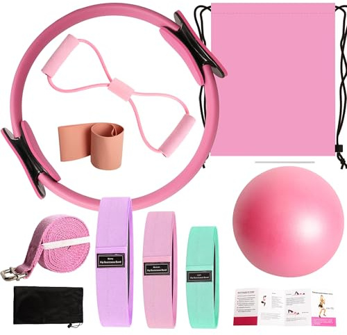 ZHABAYEN Pilates Essentials Kit for Women, Pilates Ring and Ball Set, Booty Bands, Figure 8 Resistance Band, Home Gym Fitness Equipment for Yoga, Pilates