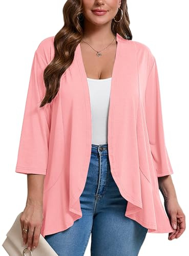 AusLook Women's Plus Size 3/4 Sleeve Draped Ruffle Hem Open Front Cardigan | Cardigans for woman, 3/4 Sleeve Draped Ruffle Kimono Jacket, Open Front Lightweight Coat, Soft Casual Summer Fall Daily Tops