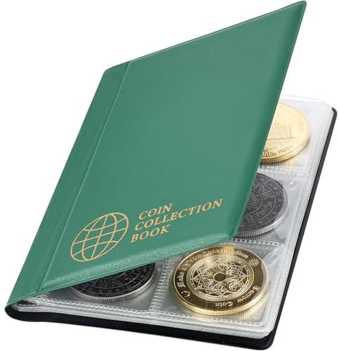 Vicloon 60 Pockets Coin Album, 45x45mm Grid Coin Collection Holder Storage Book with 10 Pages, Grid Holder for Pounds Pence Cents Dollars Nickel (Green)
