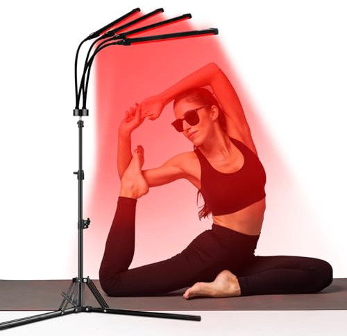 Trayvespace 32W Red Light Lamp with Stand, 660nm Red Light & 850nm Near Infrared Light, 4 Flexible Heads, 180 LEDs, 5 Brightness Levels, Timer, Non-Heating Infrared Lamp for Home Use