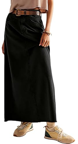 Ranphee Noir Jupe Jean Longue Femme Taille Haute Vintage Stretch avec Poche Ourlet Effiloché Denim Jupes Chic Et Elegant A-Ligne Décontractée Maxi Skirt M