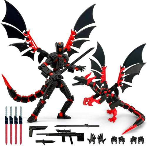 2PCS 3D Printed Assembly Completed Robot T Action Figure Set with Dragon | Multiple interchangeable hands| tight joints to hold poses| great desktop decor| stop-motion toy & gift for mecha lovers.
