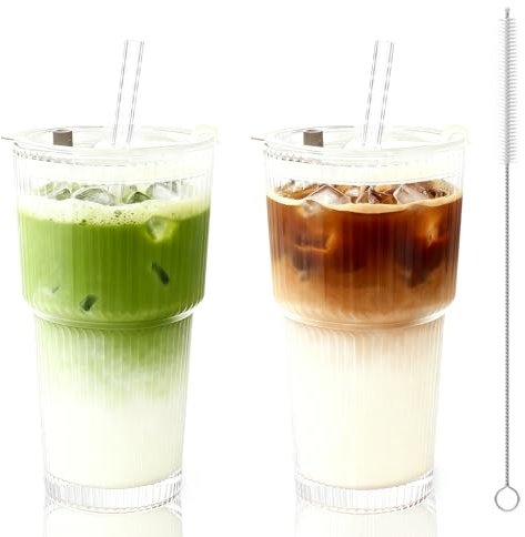 FANGCCC Paquete de 2 vasos de vidrio de 600 ml con tapas y popotes, vasos de vidrio acanalado transparente con cepillo para popote, tazas de café helado para café helado, batidos, matcha, lattes y