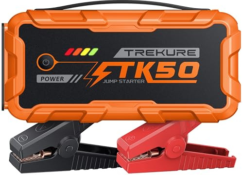 TREKURE Arrancador de Baterias de Coche 9000A (12L Diésel y Todo Gasolina), Arrancador de Coches Portátil con 18W Carga Rápida, 12V Jump Starter con Pinzas Reforzadas y 800 LM Linterna LED
