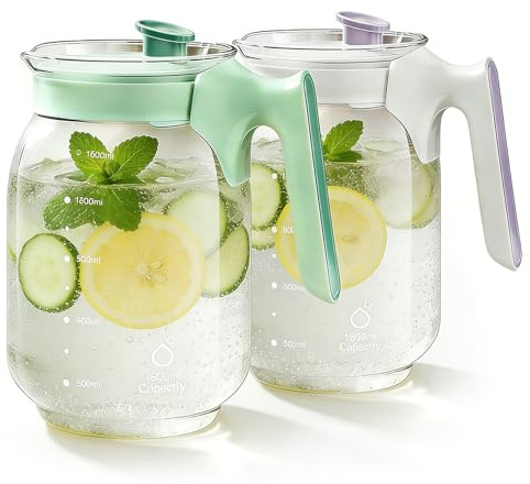 2 caraffa per acqua da 1,8 l, in vetro con coperchio, resistente al calore, per bevande calde e fredde (viola + verde menta)