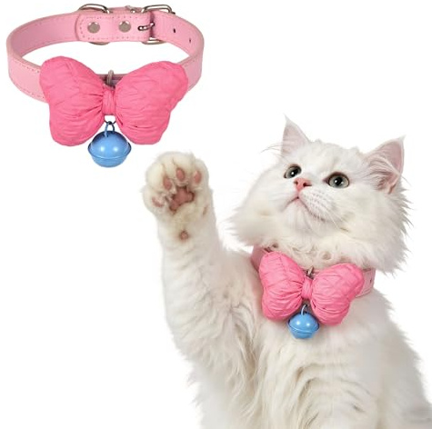 LONGHAO Katzenhalsband Rosa Schleife mit Glocke verstellbar | Rosa Schleifenkragen mit Glöckchen, Haustier Accessoire Kunststoff Metall.