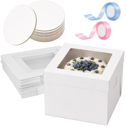 Forbabe 10-pack tårtkartong set, 30 x 30 x 20 cm vit tårtlåda transportlåda | Tårtfat med tårtfat och 44 m satinband, kaklåda för transport och presentation av kakor/bakverk/kakor