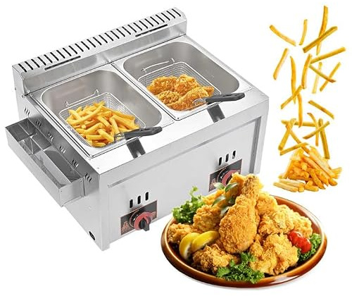 Friteuse à gaz double,professionnelle friteuse 8+8L (Double Pot) | en acier inoxydable - panier amovible - température réglable,avec paniers filtrants, couvercle,pour usage commercial et privé