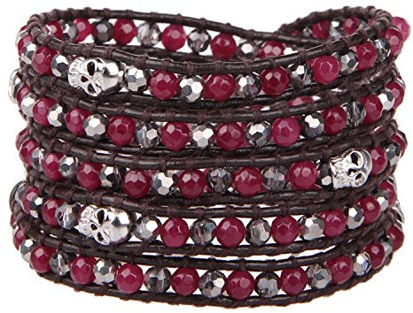 KELITCH Strang Armbänder Personalisiert Zum Frau Männer Rot Granat Stein Kristall Perlen 5 Wickeln Schädel Armband Auf Dunkel Braun Leder