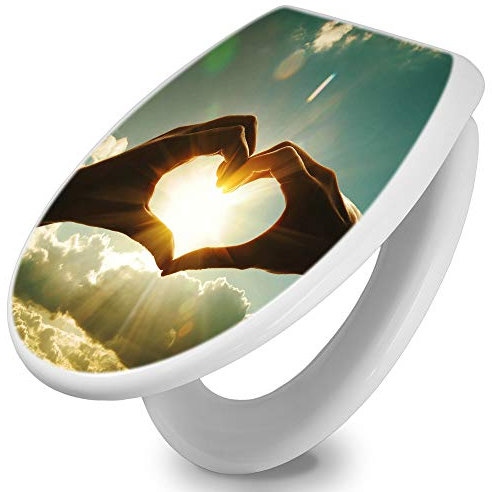 banjado Toilettendeckel mit Absenkautomatik 44,5x37cm / WC Brille Soft Close/hygienischer Toilettendeckel/Klodeckel Duroplast Edelstahl Scharniere einfache Montage/Motiv Sonne im Herzen