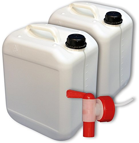 Wilai GmbH Lote de 2 bidones de Polietileno/Jerrycan 10 L Blanco DIN45 + 1 Grifo aeroflow Calidad alimentaria (2x22116+22039)