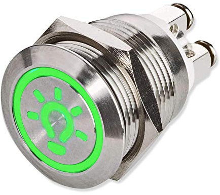 Metzler® LED Drucktaster mit beleuchtetem Licht-Symbol und Schraubkontakten Grün flacher Edelstahl-Taster staub- und wasserdicht IP67 Ø 19 mm für Innen- und Außenbereich vandalismussicher