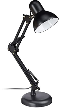 Relaxdays Retro Schreibtischlampe, Gelenk-Arm, schwenkbar, Büro Leselampe, Metall, E27, HxBxT: 50 x 27 x 15 cm, schwarz