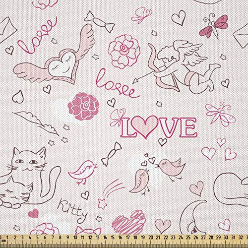 ABAKUHAUS Liebe Satin Stoff als Meterware, Küssende Vögel Eros Katzen, Zum Nähen Toller Stoff für Heimtextilien Aller Art, 3M (148x300cm), Braun Rosa