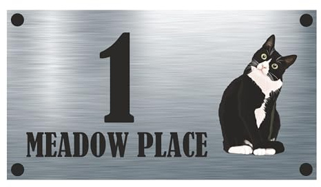Cat Collection - Black & White Felix Cat Aluminium House Sign Personalised With Your House Name/Number & Street Name