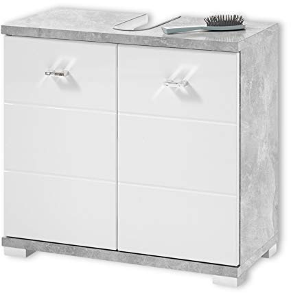 Stella Trading POOL Meuble sous lavabo salle de bain en look béton, blanc - meuble sous vasque moderne avec beaucoup d'espace de rangement - 60 x 52 x 30 cm