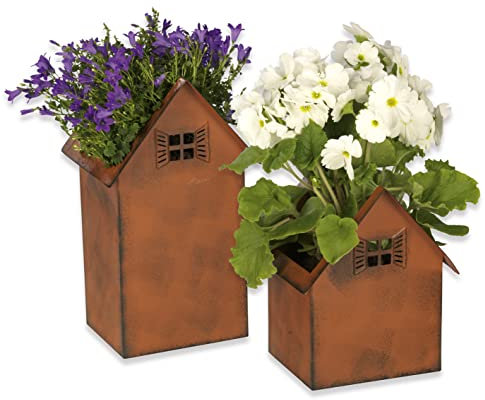 Hoberg Blumentöpfe in Rostoptik - 2er Set | Wetterbeständige eckige Pflanzkübel im Häuser-Design in 2 Größen | Perfekt als Deko für Garten, Teich, Balkon, Haustür & Eingangsbereich | Für In- & Outdoor