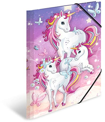 HERMA Sammelmappen A3 Einhorn Set, 3 Stück, Eckspanner-Mappen aus Pappe mit Kindergarten Motiv, Gummizug, Innenklappen und Innendruck für Jungen, Mädchen und Kinder