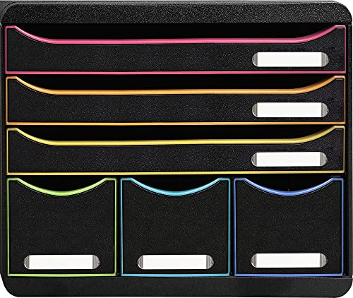 Exacompta 306914D Ablagebox Harlekin Querformat mit 6 Schubladen für DIN A+ Dokumente. Belastbare Schubladenbox mit hoher Kapazität für mehr Platz Store Box Blauer Engel Schwarz|Bunt