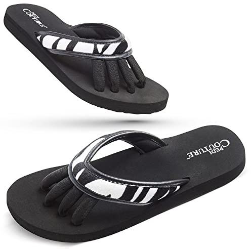 Pedi Couture Sandales de pédicure avec séparateurs d'orteils intégrés pour femme – Tongs confortables de style spa pour la maison, le salon, le yoga et la salle de sport, Noir/zèbre, Large