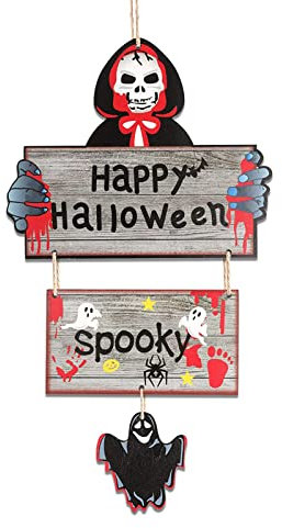 Cartello da Appendere in Legno di Halloween, Appeso Segno Wooden, Targhetta Fantasma Scheletro, Decorazioni per Porte,Finestre,Pareti,Feste a Tema