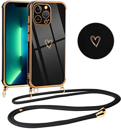 Vauki handyband für iPhone 13 Pro Hülle mit Band, Handyhülle Silikon Schwarz mit Herz Motiv, Ultra Dünn Stoßfeste Aesthetic Case mit Kordel zum Umhängen für iPhone 13Pro 6.1