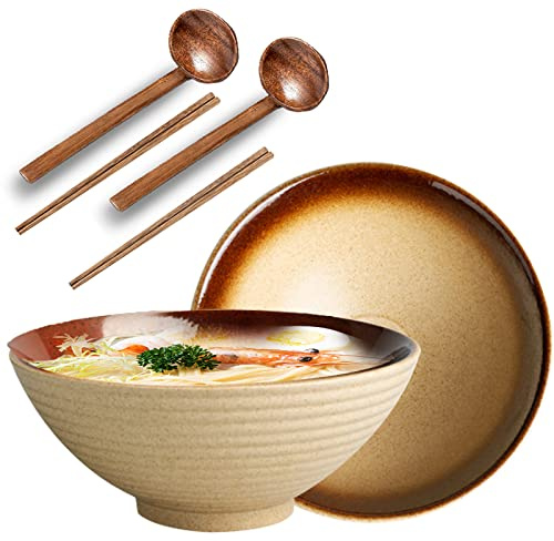 MIMRTIMI Set di 2 Ciotole per Ramen in Ceramica 1200ml Ciotola per Zuppa Giapponese con Bacchette e cucchiai, Lavastoviglie e Microonde Sicuro