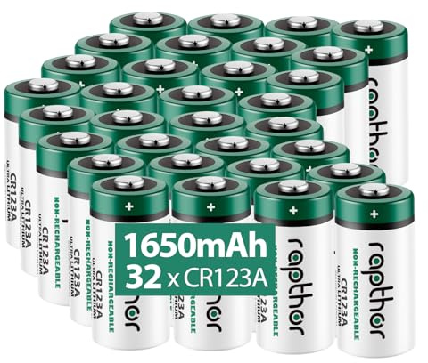 Rapthor 1650mAh CR123A 3V Lithium Battery CR123 / 123A / 123 / CR17345 with Built-in PTC for Flashlight Toys Smoke Sensor Alarm System Microphones (32Pack)