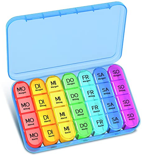 Betife Tablettenbox 7 Tage 4 Fächer Morgens Mittags Abends Nachts | BPA-Frei Pillendose Groß für Unterwegs | Medikamentenbox Wochenbox (Blauer)