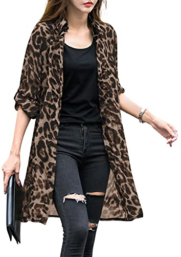 ZANZEA Damen Dünner Sommer Strickjacke Leopardenmuster Loose Bikini Cover Up Langarm Lang Strickjacke Kimono Cardigan A-Braun S