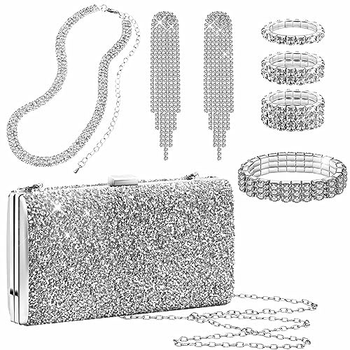 Kucheed 5 Stück Silberne Portemonnaie Schmucksets für Damen, Glitzer Abend Kupplung,Strass Halsband,Halskette,Armband,Kristall Baumeln Geldbörse mit Fransenohrringen für Die Hochzeitsfeier